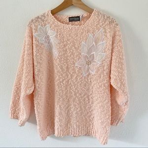 Vintage Peach Sweater With Floral Appliqué